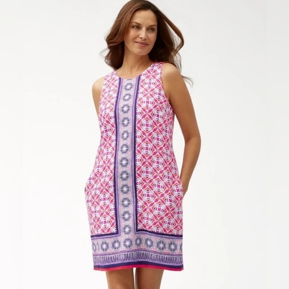 Tommy Bahama Tropical Terazza Linen Shift Dress Pink Mandala sz L beach boho - Picture 1 of 11